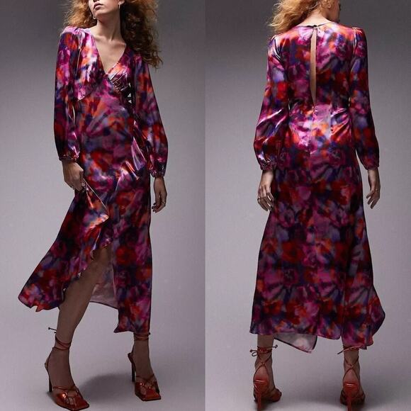 Topshop Dress Satin Floral Long Sleeve V-Neck Ruffle Midi in Bright Pink NWT 4 - Picture 2 of 8
